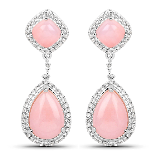 Earrings-9.26 Carat Genuine Pink Opal And White Topaz .925 Sterling Silver Earrings