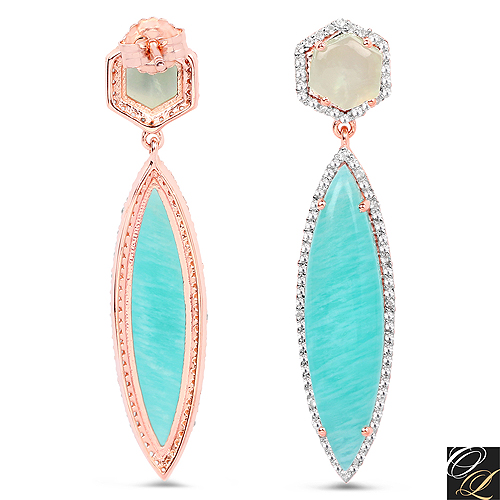 14K Rose Gold Plated 17.14 Carat Genuine Amazonite, Prehnite And White Topaz .925 Sterling Silver Earrings