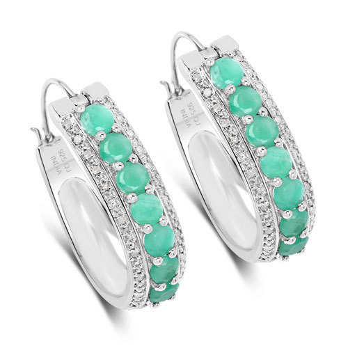 Emerald-3.42 Carat Genuine Emerald and White Diamond .925 Sterling Silver Earrings