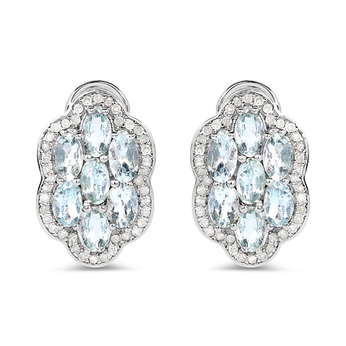Earrings-3.24 Carat Genuine Aquamarine And White Diamond .925 Sterling Silver Earrings