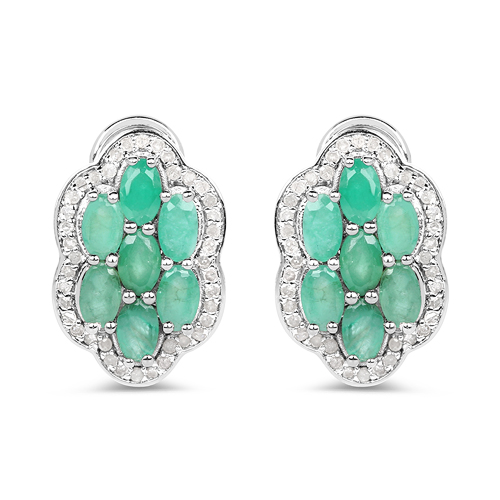 Emerald-3.24 Carat Genuine Emerald and White Diamond .925 Sterling Silver Earrings