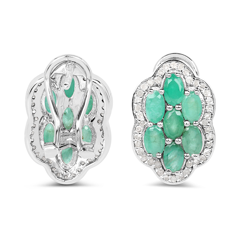 3.24 Carat Genuine Emerald and White Diamond .925 Sterling Silver Earrings