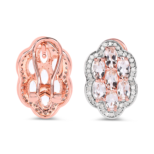 14K Rose Gold Plated 3.52 Carat Genuine Morganite And White Diamond .925 Sterling Silver Earrings
