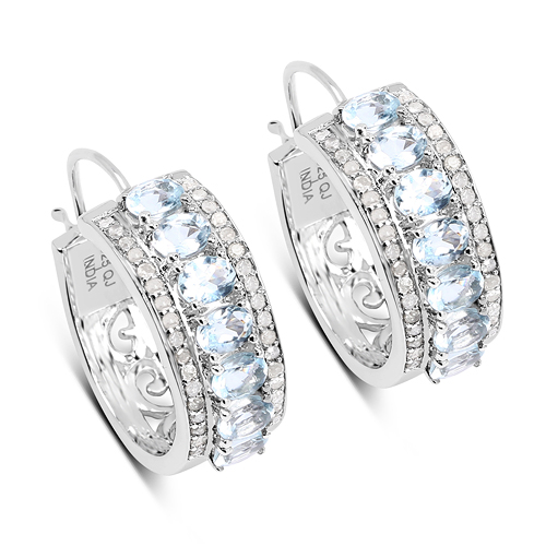 Earrings-2.47 Carat Genuine Aquamarine and White Diamond .925 Sterling Silver Earrings