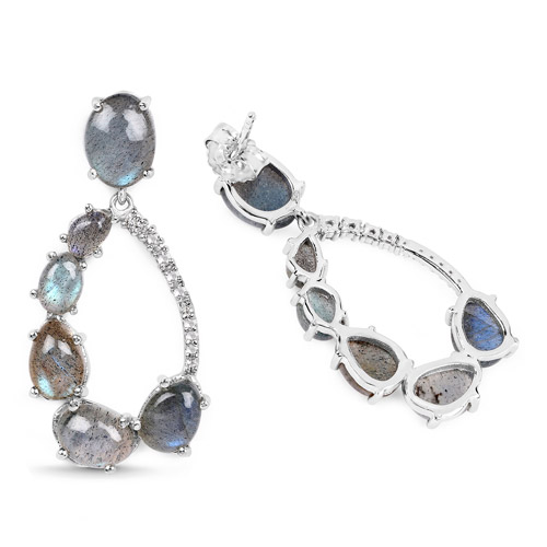 17.84 Carat Genuine Labradorite and White Topaz .925 Sterling Silver Earrings
