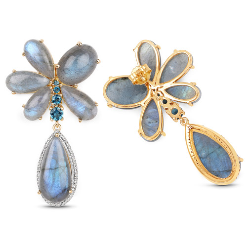 14K Yellow Gold Plated 47.85 Carat Genuine Labradorite, London Blue Topaz and White Topaz .925 Sterling Silver Earrings