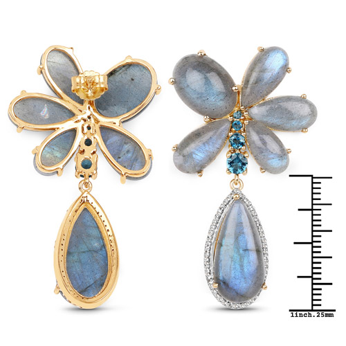 14K Yellow Gold Plated 47.85 Carat Genuine Labradorite, London Blue Topaz and White Topaz .925 Sterling Silver Earrings
