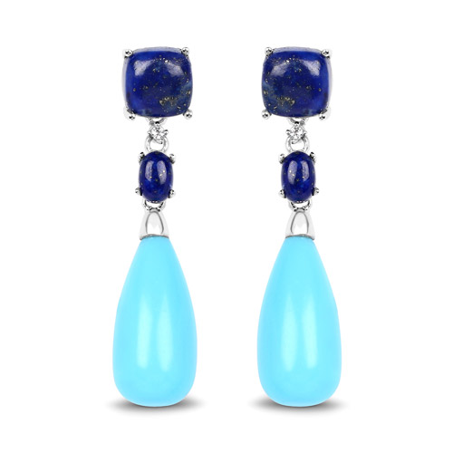 Earrings-28.48 Carat Genuine Turquoise, Lapis and White Topaz .925 Sterling Silver Earrings
