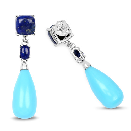 28.48 Carat Genuine Turquoise, Lapis and White Topaz .925 Sterling Silver Earrings