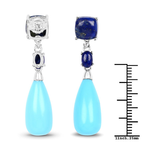28.48 Carat Genuine Turquoise, Lapis and White Topaz .925 Sterling Silver Earrings