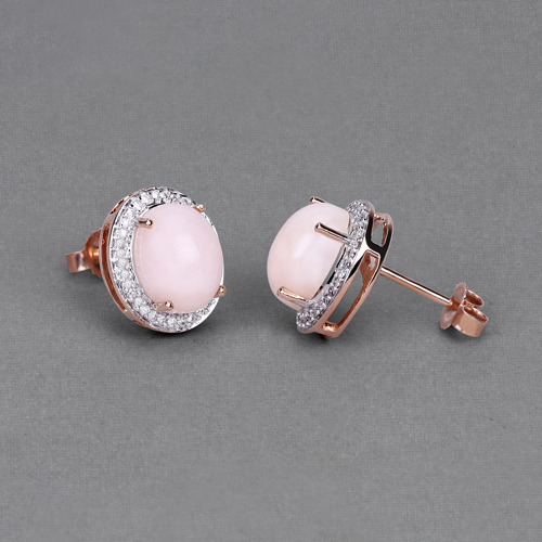 4.20 Carat Genuine Pink Opal and White Diamond 14K Rose Gold Earrings