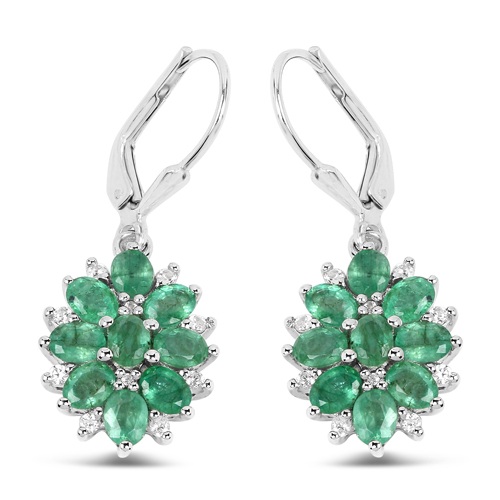 Emerald-3.04 Carat Genuine Zambian Emerald and White Zircon .925 Sterling Silver Earrings