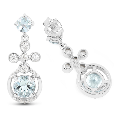 4.42 Carat Genuine Aquamarine and White Zircon .925 Sterling Silver Earrings
