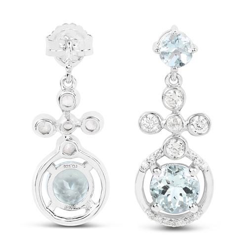 4.42 Carat Genuine Aquamarine and White Zircon .925 Sterling Silver Earrings