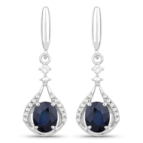 Earrings-0.86 Carat Genuine Blue Sapphire and White Diamond 14K White Gold Earrings