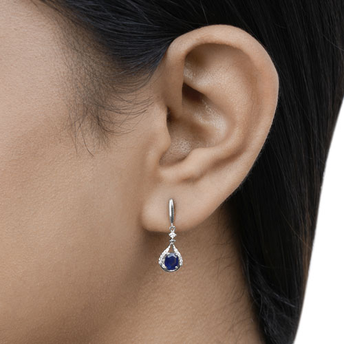 0.86 Carat Genuine Blue Sapphire and White Diamond 14K White Gold Earrings