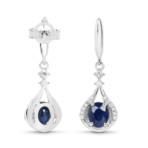 0.86 Carat Genuine Blue Sapphire and White Diamond 14K White Gold Earrings