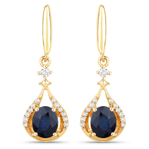 Earrings-0.86 Carat Genuine Blue Sapphire and White Diamond 14K Yellow Gold Earrings