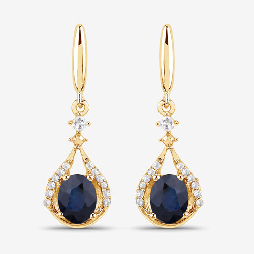 0.86 Carat Genuine Blue Sapphire and White Diamond 14K Yellow Gold Earrings