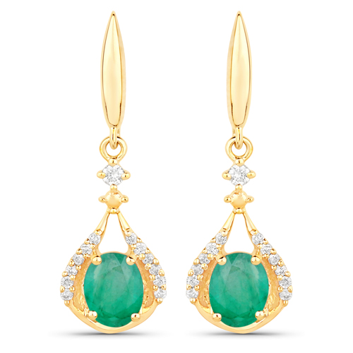 Emerald-0.70 Carat Genuine Zambian Emerald and White Diamond 10K Yellow Gold Earrings