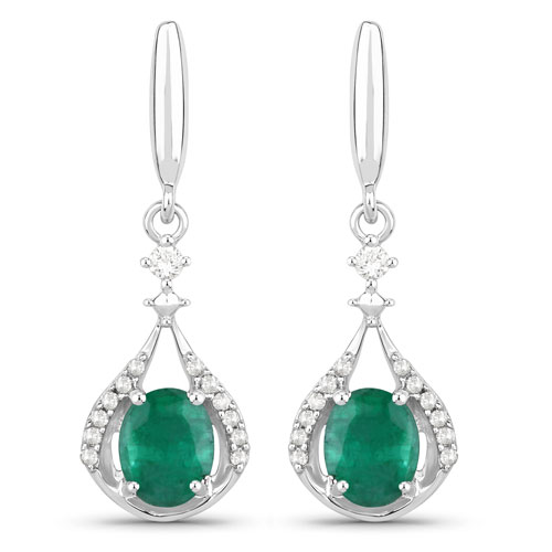 Emerald-0.70 Carat Genuine Zambian Emerald and White Diamond 14K White Gold Earrings