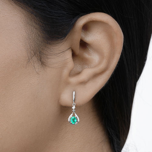 0.70 Carat Genuine Zambian Emerald and White Diamond 14K White Gold Earrings