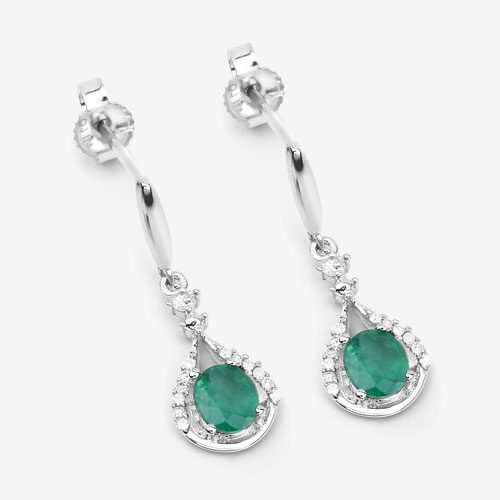 0.70 Carat Genuine Zambian Emerald and White Diamond 14K White Gold Earrings