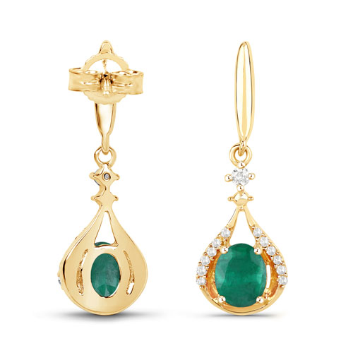 0.70 Carat Genuine Zambian Emerald and White Diamond 14K Yellow Gold Earrings