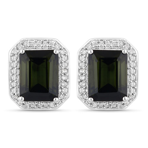 Earrings-3.57 Carat Genuine Green Tourmaline and White Diamond 14K White Gold Earrings