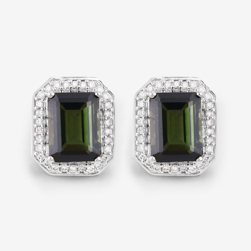 3.57 Carat Genuine Green Tourmaline and White Diamond 14K White Gold Earrings