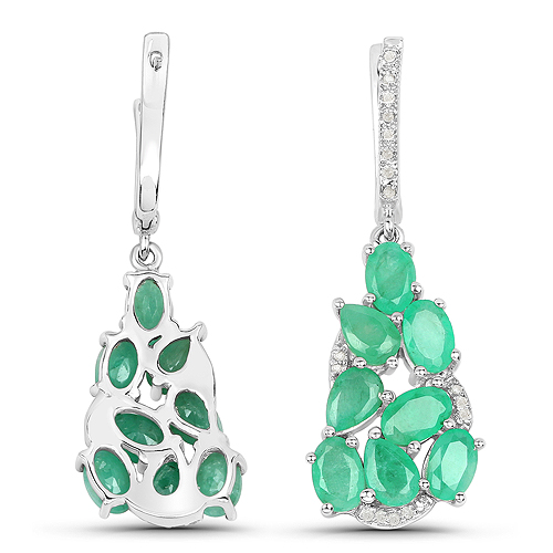 6.69 Carat Genuine Emerald and White Diamond .925 Sterling Silver Earrings