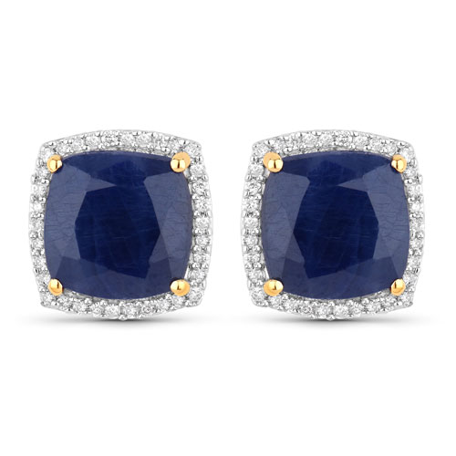 Earrings-8.07 Carat Genuine Blue Sapphire and White Diamond 14K Yellow Gold Earrings