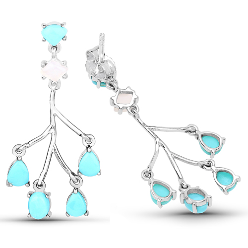 3.55 Carat Genuine Turquoise and White Agate .925 Sterling Silver Earrings