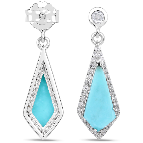 3.15 Carat Genuine Turquoise and White Topaz .925 Sterling Silver Earrings