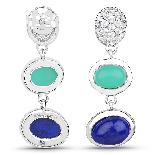 5.21 Carat Genuine Crysopharse, Lapis and White Topaz .925 Sterling Silver Earrings