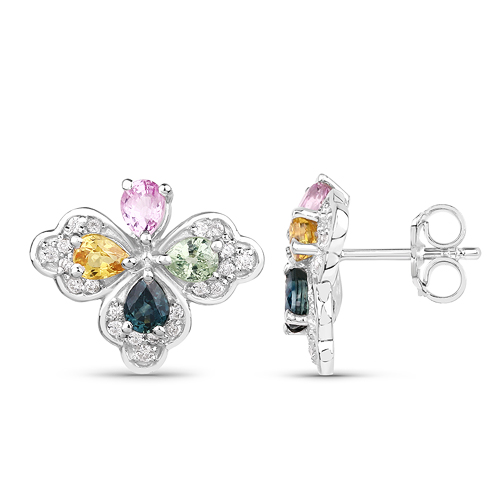 1.67 Carat Genuine Multi Sapphire and White Zircon .925 Sterling Silver Earrings