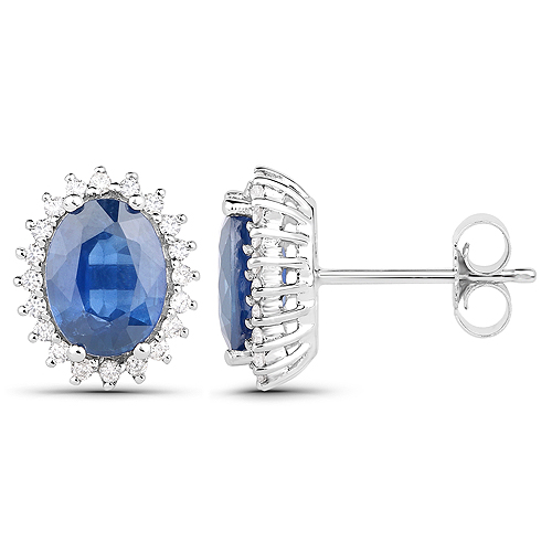 3.25 Carat Genuine Blue Sapphire and White Diamond 14K White Gold Earrings