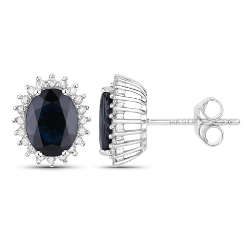 3.32 Carat Genuine Blue Sapphire and White Diamond 14K White Gold Earrings