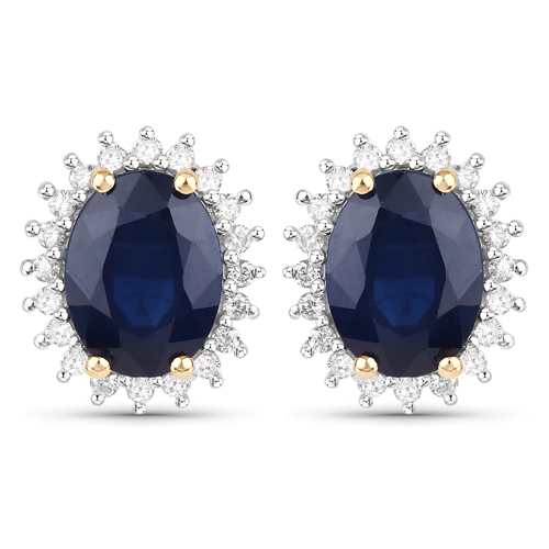 Earrings-3.32 Carat Genuine Blue Sapphire and White Diamond 14K Yellow Gold Earrings