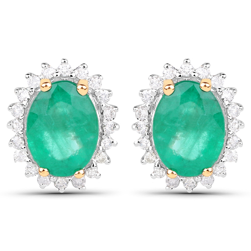 Emerald-2.75 Carat Genuine Zambian Emerald and White Diamond 14K Yellow Gold Earrings