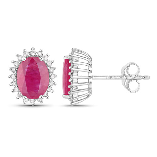 3.14 Carat Genuine Ruby and White Diamond 14K White Gold Earrings