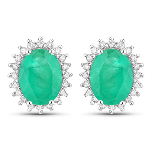 Emerald-2.66 Carat Genuine Zambian Emerald and White Diamond 10K White Gold Earrings