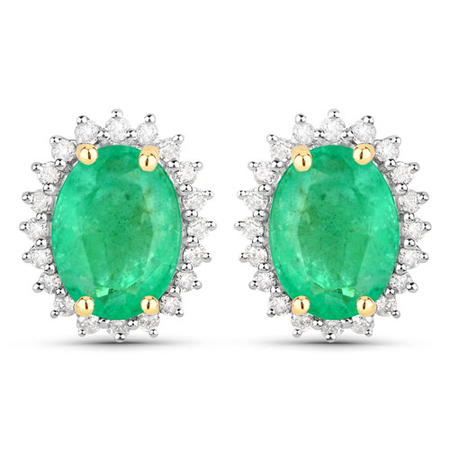 Emerald-2.66 Carat Genuine Zambian Emerald and White Diamond 10K Yellow Gold Earrings