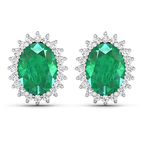 Emerald-2.66 Carat Genuine Zambian Emerald and White Diamond 14K White Gold Earrings