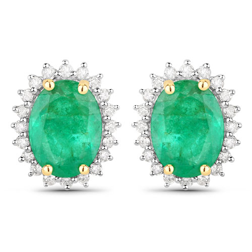 Emerald-2.66 Carat Genuine Zambian Emerald and White Diamond 14K Yellow Gold Earrings