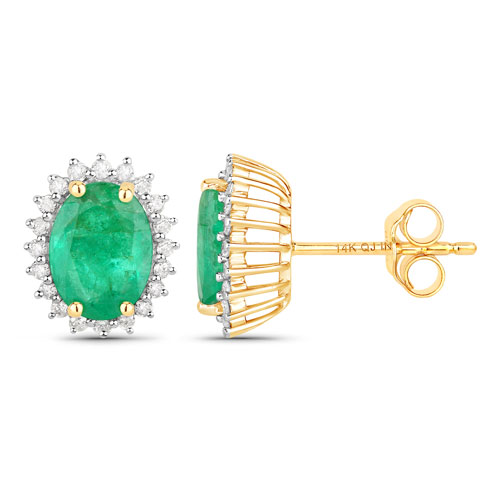 2.66 Carat Genuine Zambian Emerald and White Diamond 14K Yellow Gold Earrings
