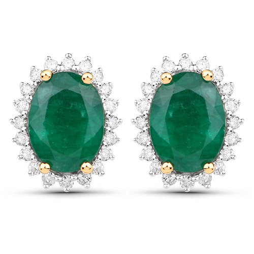 Emerald-2.65 Carat Genuine Zambian Emerald and White Diamond 14K Yellow Gold Earrings
