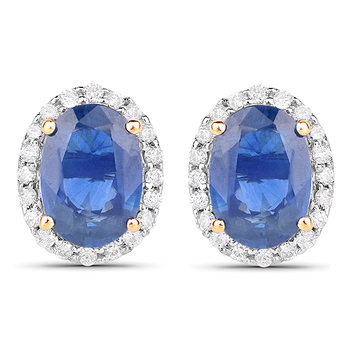 Earrings-2.16 Carat Genuine Blue Sapphire and White Diamond 14K Yellow Gold Earrings