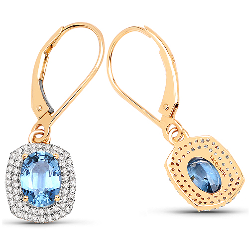 2.36 Carat Genuine Blue Sapphire and White Diamond 14K Yellow Gold Earrings