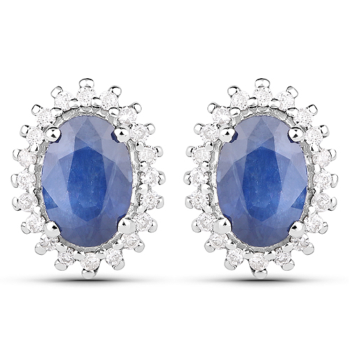 Earrings-1.22 Carat Genuine Blue Sapphire and White Diamond 14K White Gold Earrings